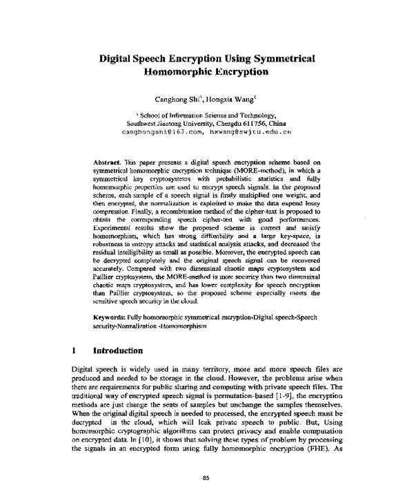 DigitalSpeechEncryptionUsingSymmetricalHomomorphicEncryption