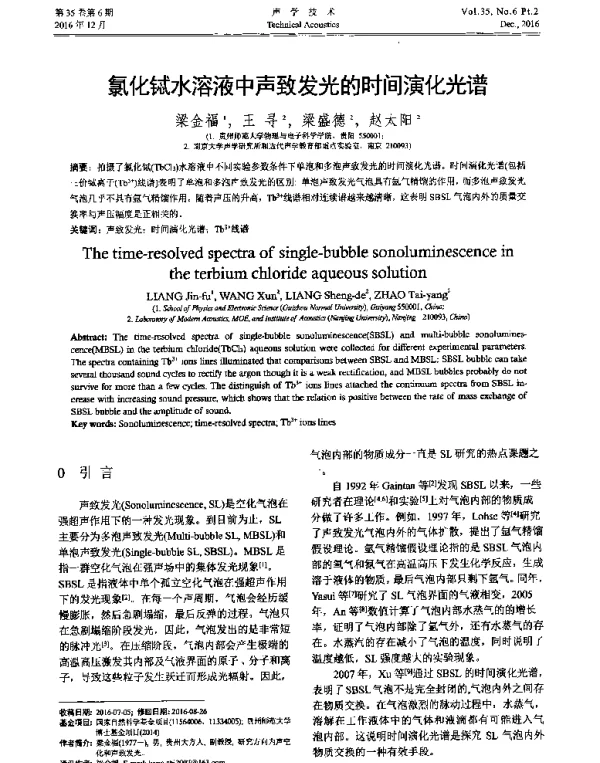 氯化铽水溶液中声致发光的时间演化光谱