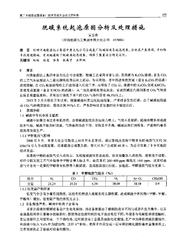 脱碳系统起泡原因分析及处理措施