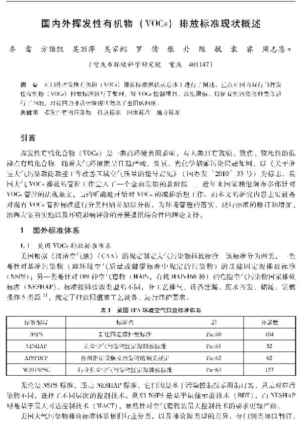 国内外挥发性有机物(VOCs)排放标准现状概述