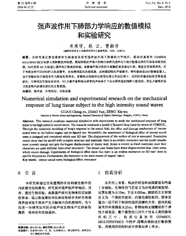 强声波作用下肺部力学响应的数值模拟和实验研究