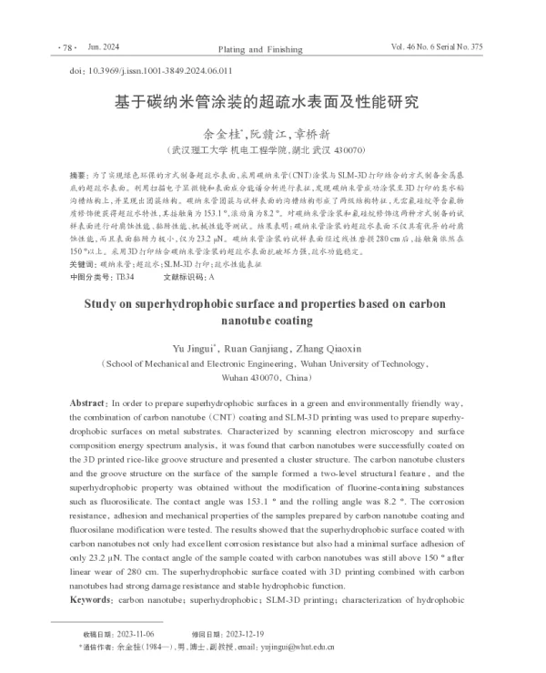 基于碳纳米管涂装的超疏水表面及性能研究