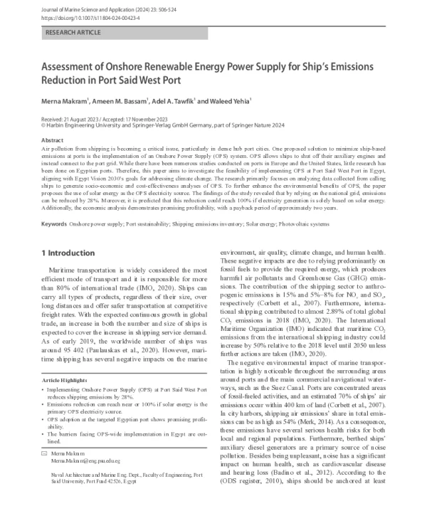 Assessment of Onshore Renewable Energy Power Supply for Ships Emissions Reduction in Port Said West Port