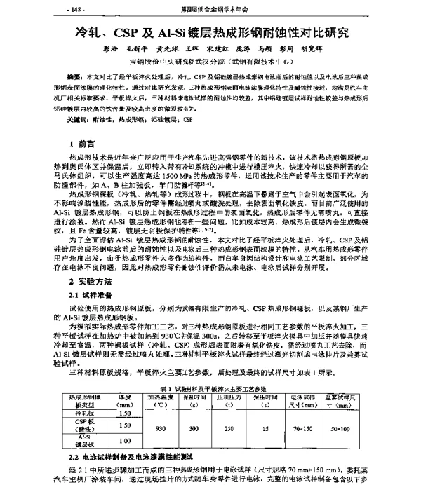 冷轧、CSP及Al-Si镀层热成形钢耐蚀性对比研究