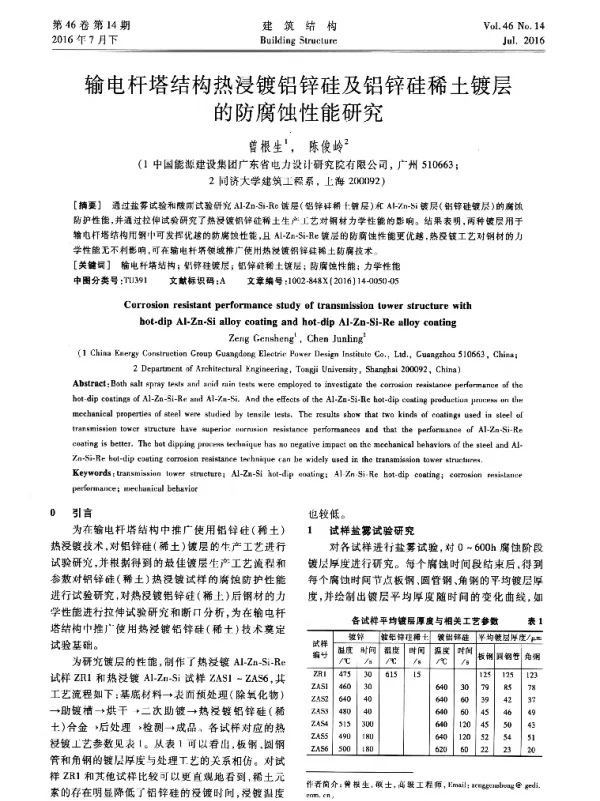 输电杆塔结构热浸镀铝锌硅及铝锌硅稀土镀层的防腐蚀性能研究