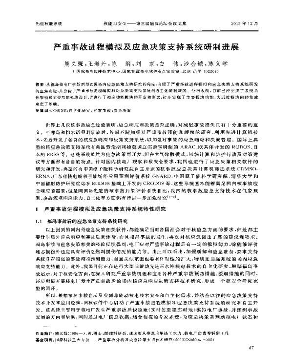 严重事故进程模拟及应急决策支持系统研制进展
