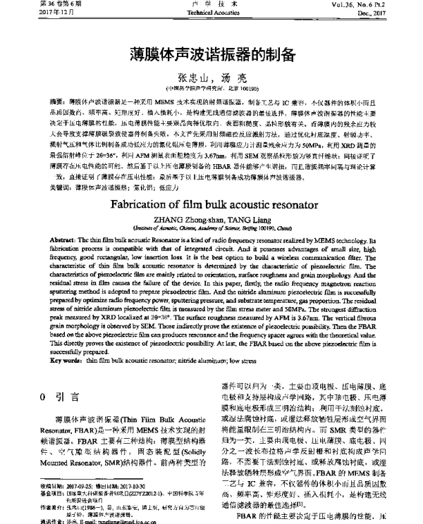 薄膜体声波谐振器的制备