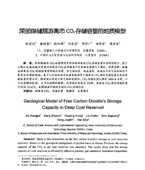 深部煤储层游离态CO2存储容量的地质模型