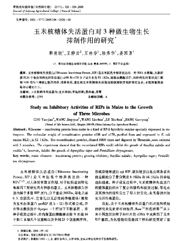玉米核糖体失活蛋白对3种微生物生长抑制作用的研究
