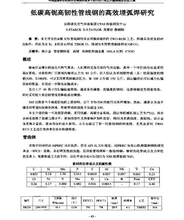 低碳高铌高韧性管线钢的高效埋弧焊研究