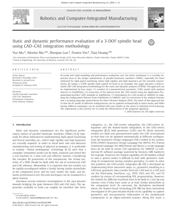 Staticanddynamicperformanceevaluationofa3-DOFspindleheadusingCAD-CAEintegrationmethodology