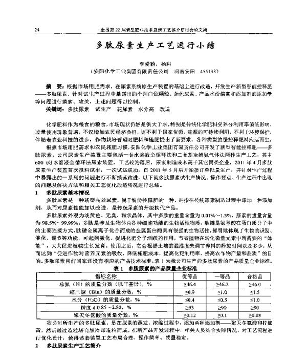 多肽尿素生产工艺运行小结