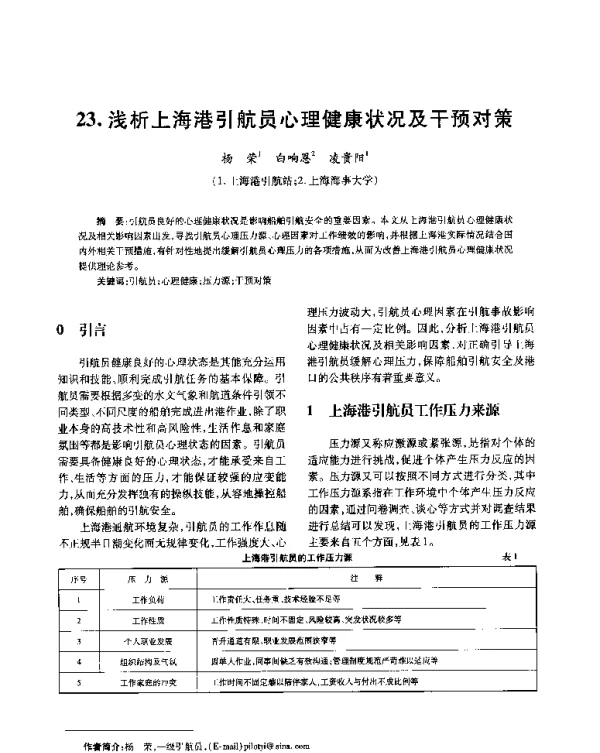 浅析上海港引航员心理健康状况及干预对策