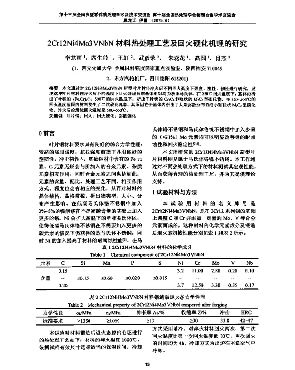 2Cr12Ni4Mo3VNbN材料热处理工艺及回火硬化机理的研究