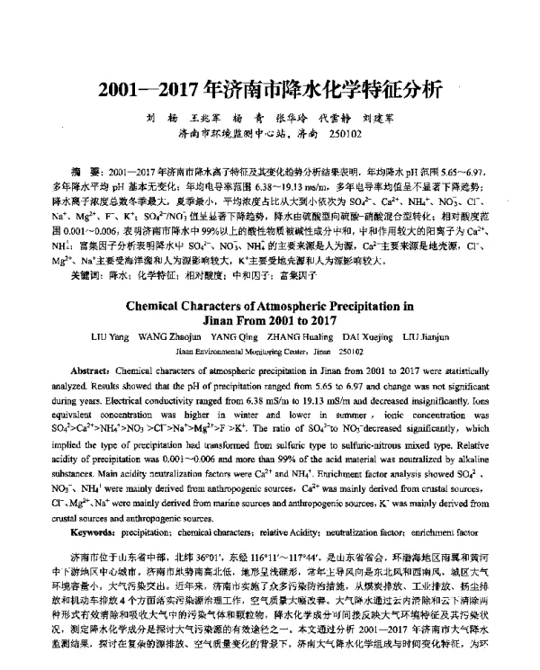 20012017年济南市降水化学特征分析