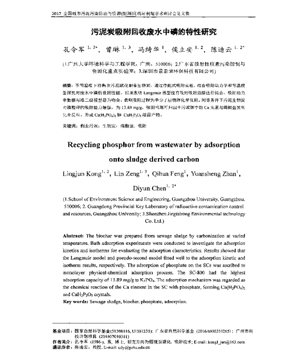 污泥炭吸附回收废水中磷的特性研究