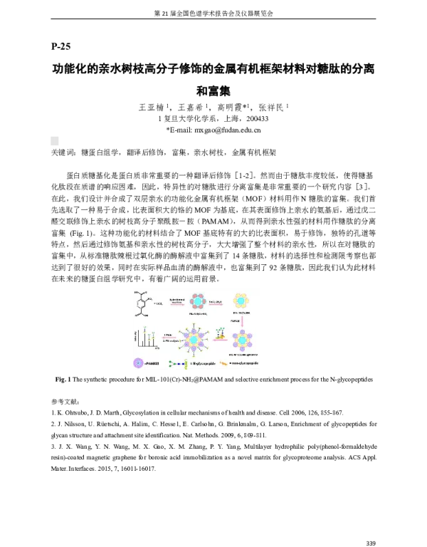 功能化的亲水树枝高分子修饰的金属有机框架材料对糖肽的分离和富集