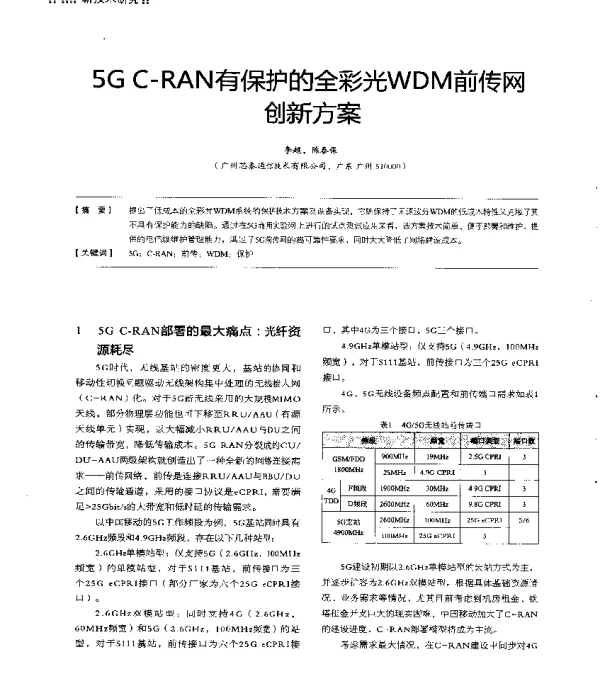 5GC-RAN有保护的全彩光WDM前传网创新方案