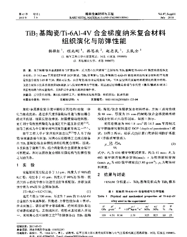 TiB2基陶瓷Ti-6Al-4V合金梯度纳米复合材料组织演化与防弹性能