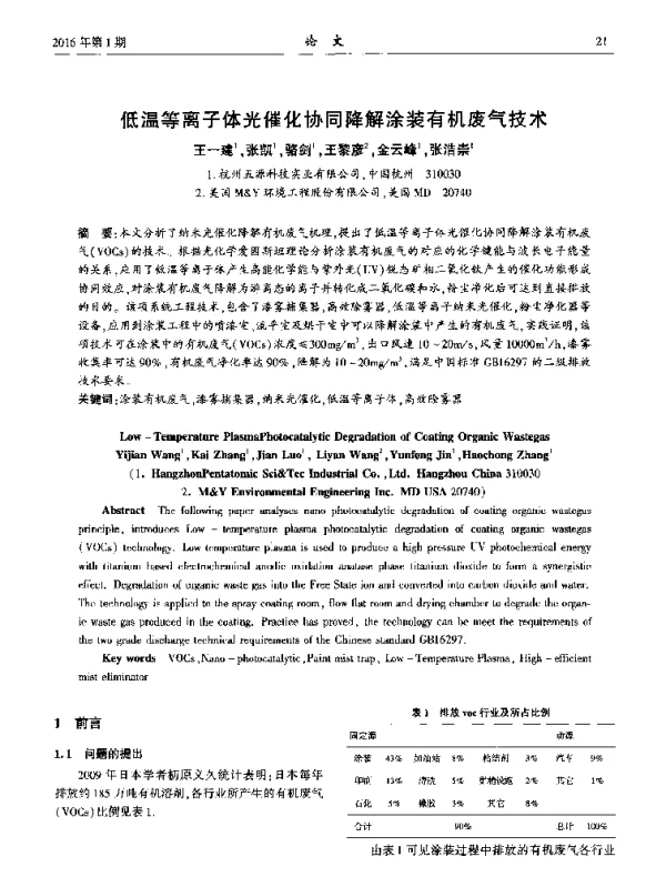 低温等离子体光催化协同降解涂装有机废气技术