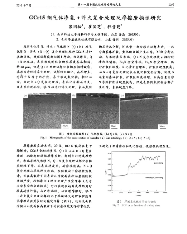 GCr15钢气体渗氮+淬火复合处理及摩擦磨损性研究