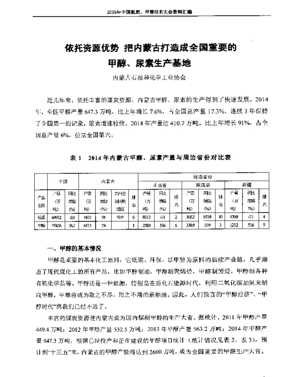 依托资源优势把内蒙古打造成全国重要的甲醇、尿素生产基地