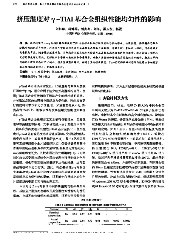 挤压温度对γ-TiAl基合金组织性能均匀性的影响