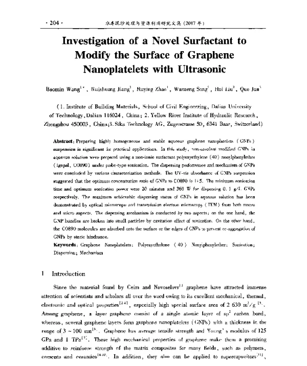InvestigationofaNovelSurfactanttoModifytheSurfaceofGrapheneNanoplateletswithUltrasonic