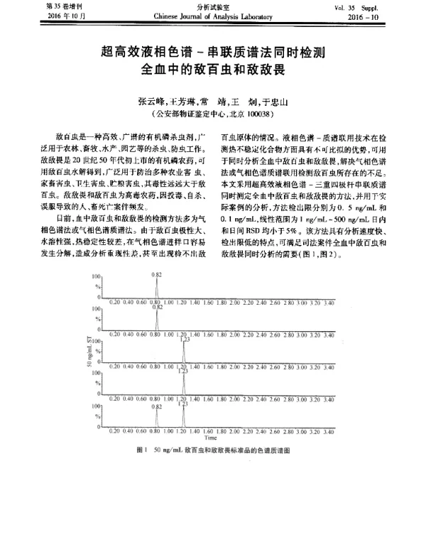 超高效液相色谱-串联质谱法同时检测全血中的敌百虫和敌敌畏