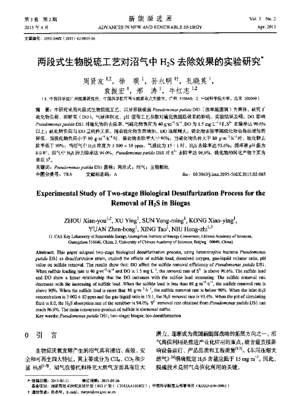 两段式生物脱硫工艺对沼气中H2S去除效果的实验研究