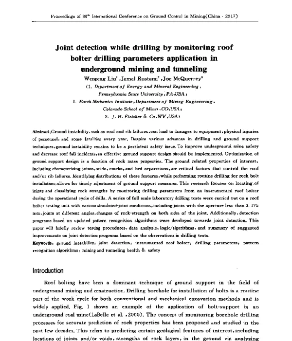 Jointdetectionwhiledrillingbymonitoringroofbolterdrillingparametersapplicationinundergroundminingandtunneling