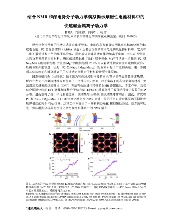 结合NMR和深电势分子动力学模拟揭示顺磁性电池材料中的快速碱金属离子动力学