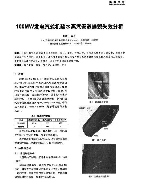 100MW发电汽轮机疏水蒸汽管道爆裂失效分析