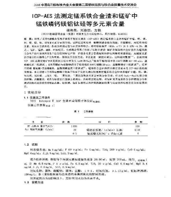 ICP-AES法测定锰系铁合金渣和锰矿中锰铁磷钙镁铝钛硅等多元素含量