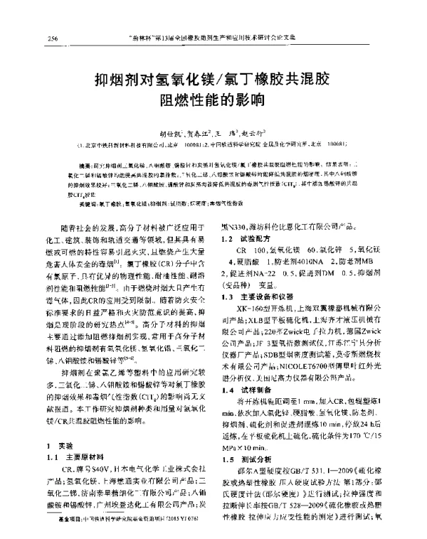 抑烟剂对氢氧化镁氯丁橡胶共混胶阻燃性能的影响