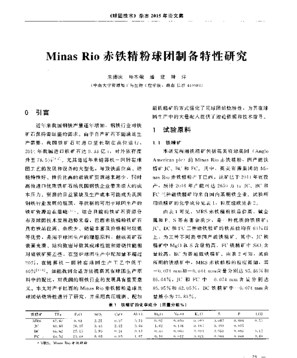 MinasRio赤铁精粉球团制备特性研究