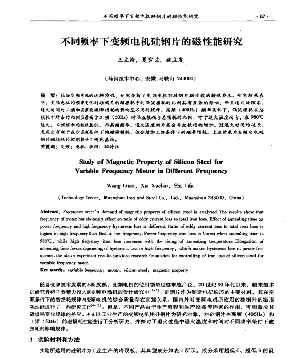 不同频率下变频电机硅钢片的磁性能研究
