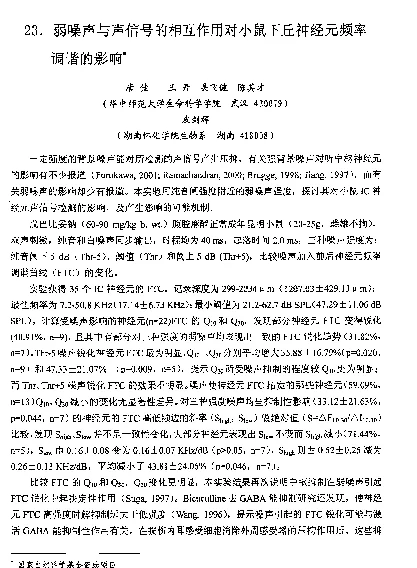 弱噪声与声信号的相互作用对小鼠下丘神经元频率调谐的影响