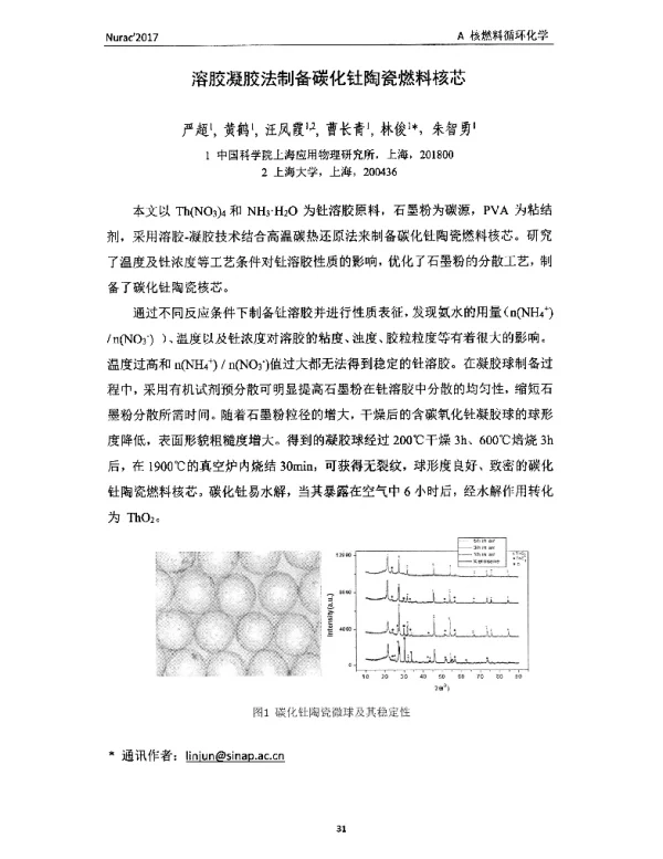 溶胶凝胶法制备碳化钍陶瓷燃料核芯