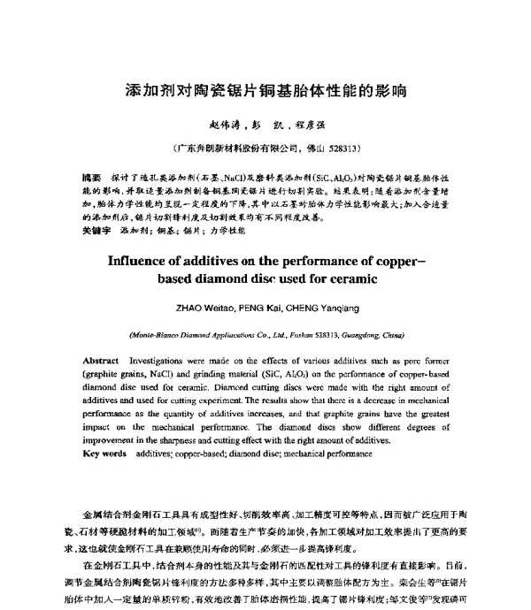添加剂对陶瓷锯片铜基胎体性能的影响
