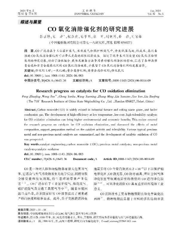 CO氧化消除催化剂的研究进展