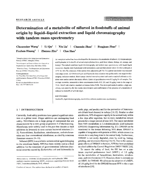 Determinationofametaboliteofnifursolinfoodstuffsofanimaloriginbyliquid-liquidextractionandliquidchromatographywithtandemmassspectrometry