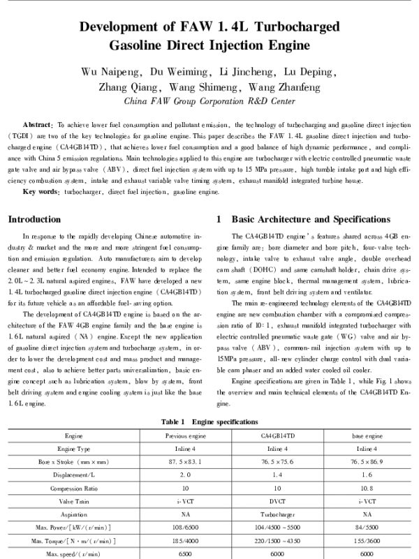 DevelopmentofFAW1.4LTurbochargedGasolineDirectInjectionEngine