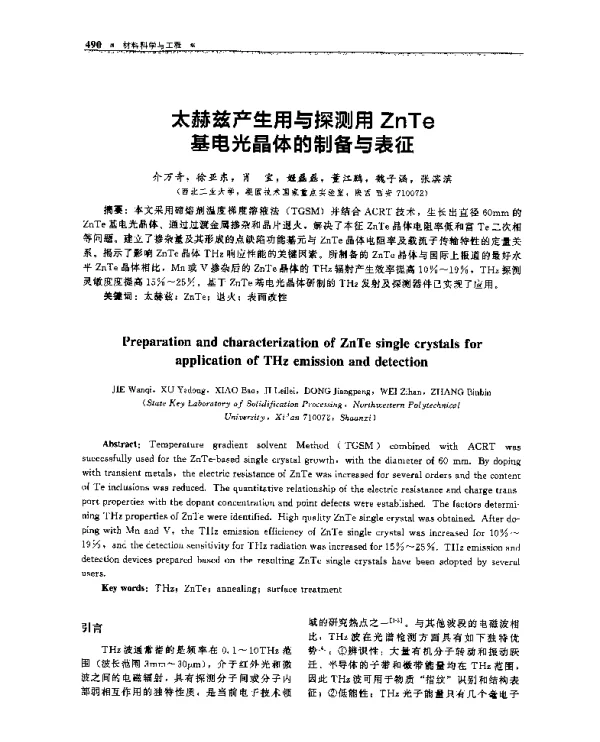 太赫兹产生用与探测用ZnTe基电光晶体的制备与表征