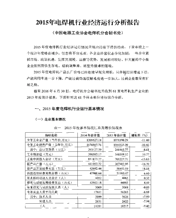 2015年电焊机行业经济运行分析报告