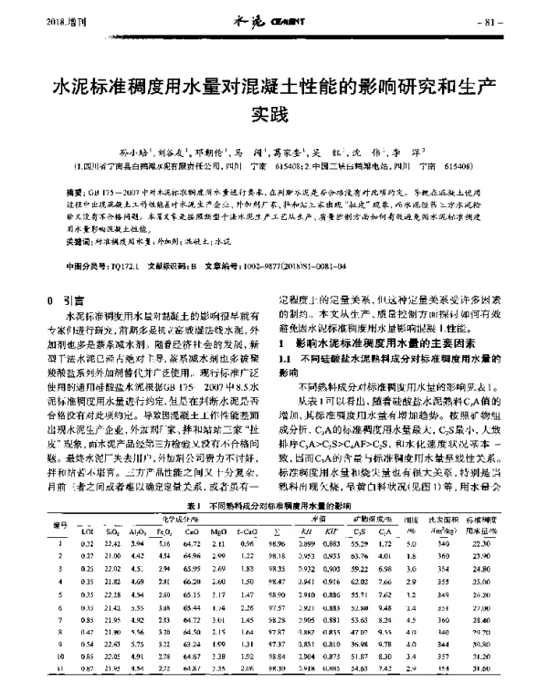 水泥标准稠度用水量对混凝土性能的影响研究和生产实践