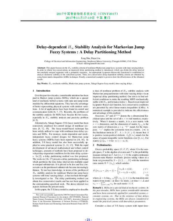 Delay-dependentH∞StabilityAnalysisforMarkovianJumpFuzzySystemsADelayPartitioningMethod