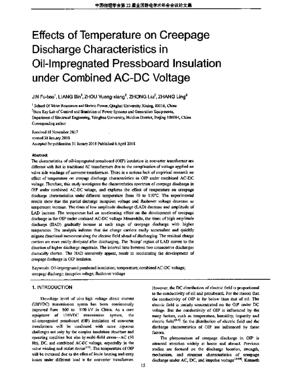 EffectsofTemperatureonCreepageDischargeCharacteristicsinOil-ImpregnatedPressboardInsulationunderCombinedAC-DCVoltage