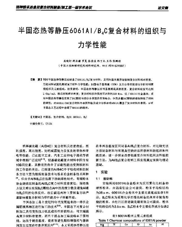 半固态热等静压6061AlB4C复合材料的组织与力学性能
