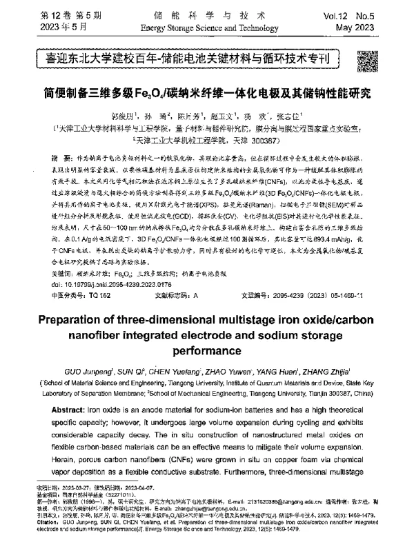 简便制备三维多级Fe3O4碳纳米纤维一体化电极及其储钠性能研究